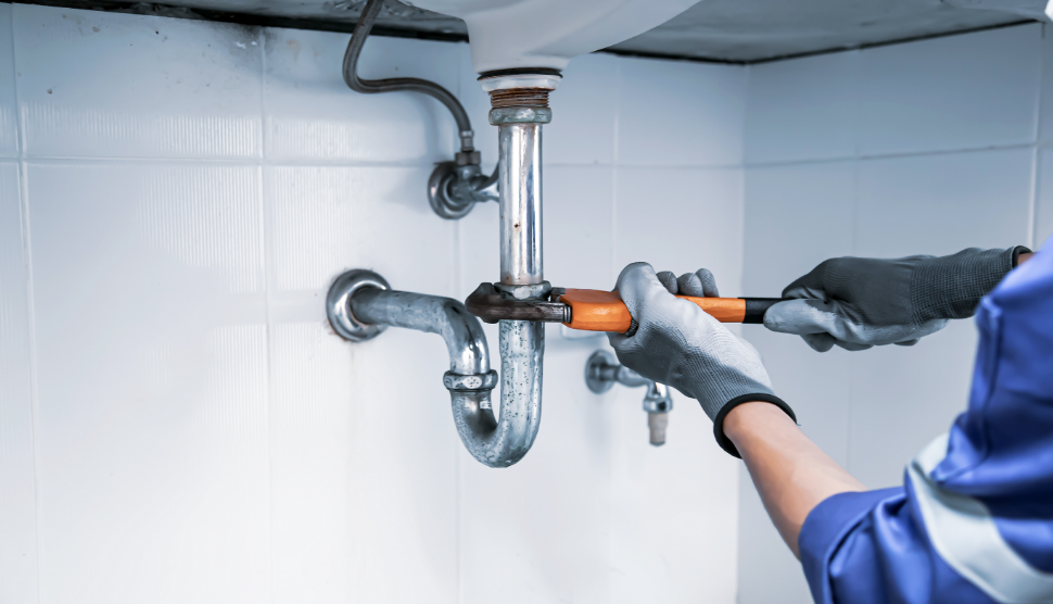 arms of plumber turning wrench in pipe.