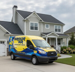 Armor Air van parked in driveway of house they were called to for HVAC services